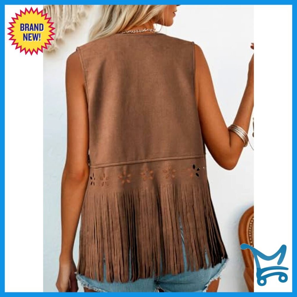 Large Faux Suede Fringe Vest Western Sleeveless Hollow Out Tassel - Picture 2 of 7